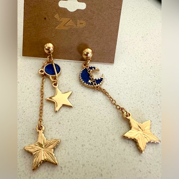 Earrings from ZAD artist-golden and Blue- Moon and Stars-New With Tag - Picture 1 of 3